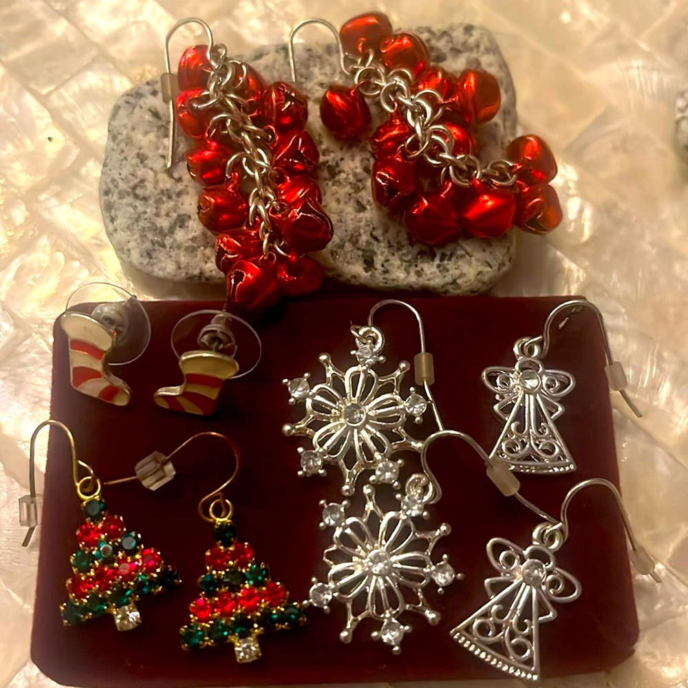 5 pairs of costume Christmasas earrings, plus 2 sets of mystery bonus earrings